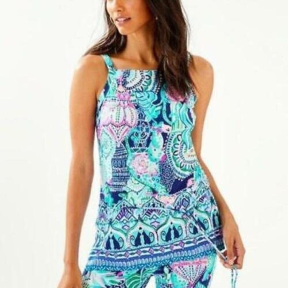 Lilly Pulitzer Adley Tank Top Lookin Sharp Cactus Cat Print Casual Preppy SMALL